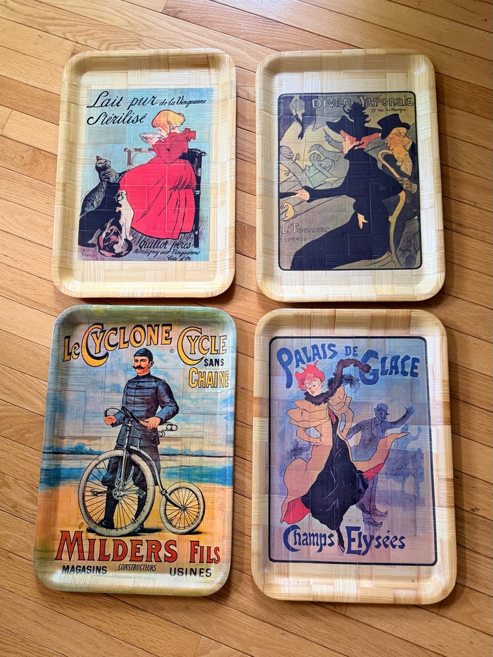 Set of 4 Vintage French Art Nouveau Bamboo Poster Serving Trays